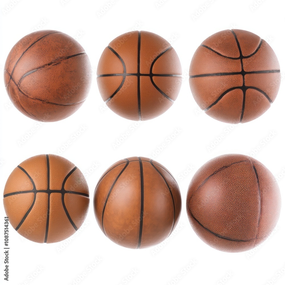 A collection of six basketballs with different textures and designs. A collection of six basketballs with different textures and designs.