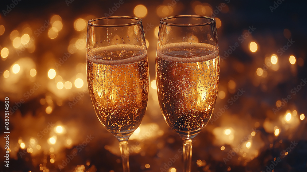 glasses of champagne on the table and golden glitter bokeh against blurred background. glasses of champagne on the table and golden glitter bokeh against blurred background.