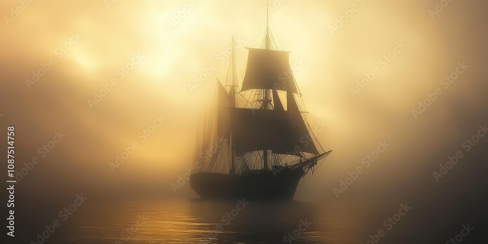 Tall ship sailing through fog, creating an atmospheric scene with a tall ship silhouette against a misty backdrop, showcasing the beauty and mystery of a tall ship in low visibility conditions. Tall ship sailing through fog, creating an atmospheric scene with a tall ship silhouette against a misty backdrop, showcasing the beauty and mystery of a tall ship in low visibility conditions.