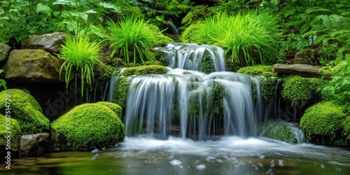 Stunning waterfall cascading over moss covered stones in a lush forest, showcasing the beauty of nature with vibrant greenery and serene water flow, perfect for nature enthusiasts.