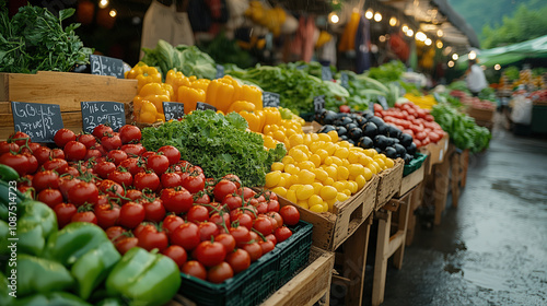 Close-up of fresh, organic vegetables at a farmers’ market, focusing on sustainability, healthy food choices, and local produce