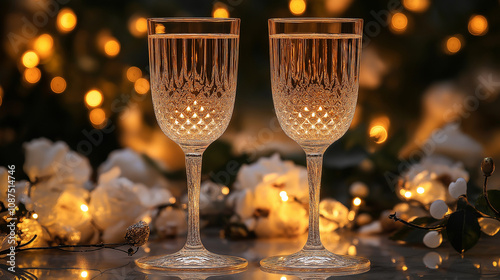 champagne at a wedding reception. Dinner table with glasses of champagne photo