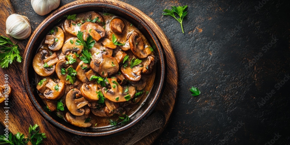 Mouthwatering vegan mushroom fricassee with garlic showcased on a rustic backdrop, captured in a close up top view, features delicious mushrooms with garlic in an appealing French cuisine style. Mouthwatering vegan mushroom fricassee with garlic showcased on a rustic backdrop, captured in a close up top view, features delicious mushrooms with garlic in an appealing French cuisine style.