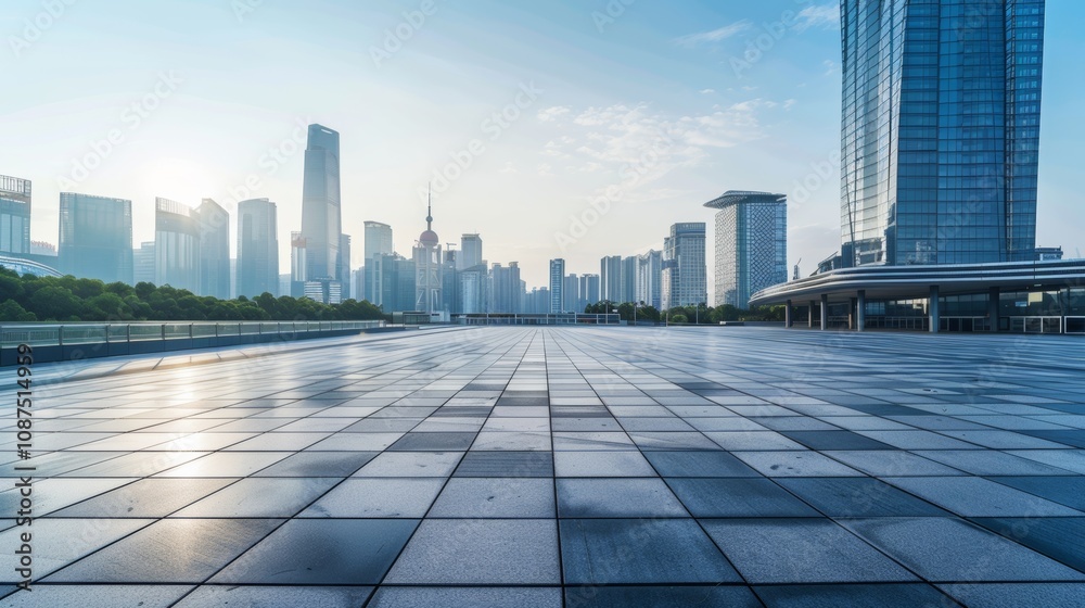 Empty square floor with city skyline background, Metropolitan intersection without traffic, geometric composition Empty square floor with city skyline background, Metropolitan intersection without traffic, geometric composition