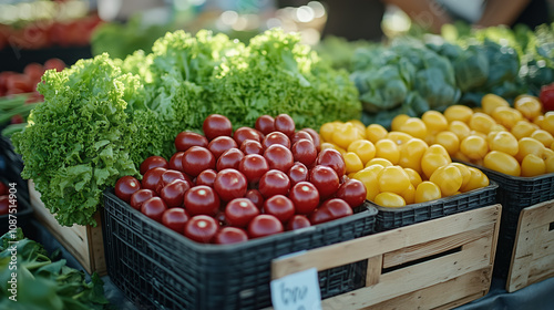 Close-up of fresh, organic vegetables at a farmers’ market, focusing on sustainability, healthy food choices, and local produce