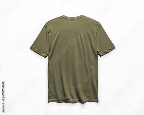Back view of an olive green t-shirt mockup on a plain white background for designs;