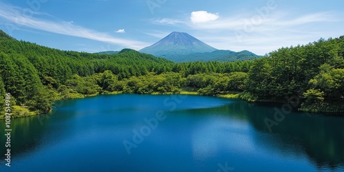 World heritage site featuring the scenic deguchiike pond and the lush landscape surrounding it, part of the remarkable Mt. Fuji and Oshino Hakkai region, showcasing natural beauty. photo