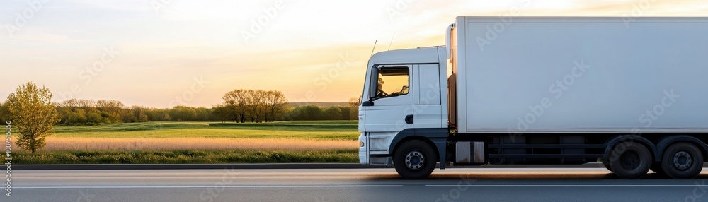 A truck drives along an open road, surrounded by fields, under a beautiful sunset sky. A truck drives along an open road, surrounded by fields, under a beautiful sunset sky.