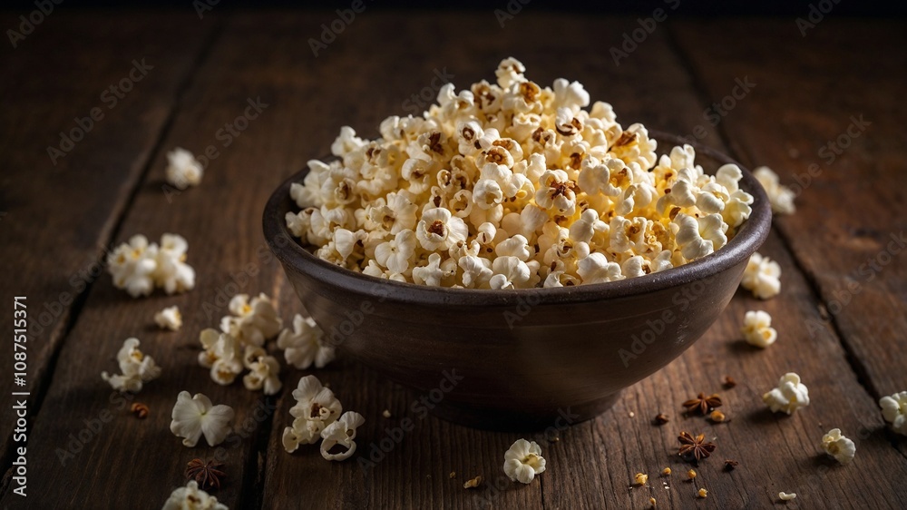 Delicious popcorn in wooden bowl, cozy atmosphere, scattered kernels on wooden table Delicious popcorn in wooden bowl, cozy atmosphere, scattered kernels on wooden table