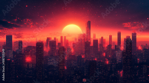  illustration of a dreamy sunset over a city skyline