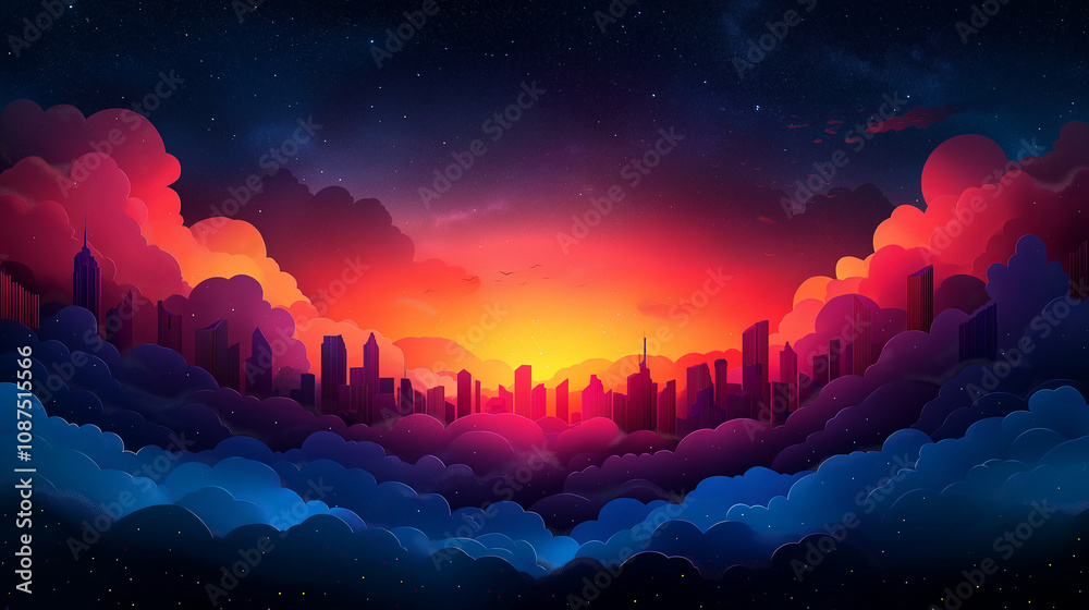 illustration of a dreamy sunset over a city skyline illustration of a dreamy sunset over a city skyline