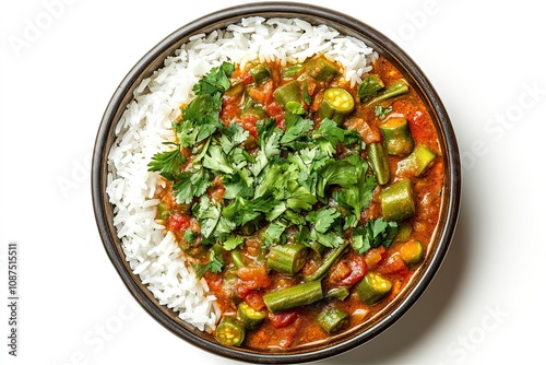 Okra Stew with white rice Khoresht Bamia or lady finger curry served in dish isolated on white background top view of middle east food 