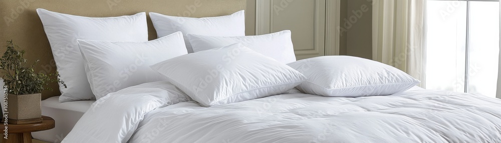 A cozy, neatly arranged bed with fluffy white pillows and a comforter, creating a serene and inviting atmosphere. A cozy, neatly arranged bed with fluffy white pillows and a comforter, creating a serene and inviting atmosphere.