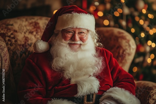 Retrato do Papai Noel em cenário natalino, com trajes tradicionais e decoração festiva, criado por IA generativa. photo