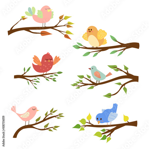 Set of cute birds sitting on tree branches. Spring time, colorful leaves. Collection for kids. Vector isolated on white background