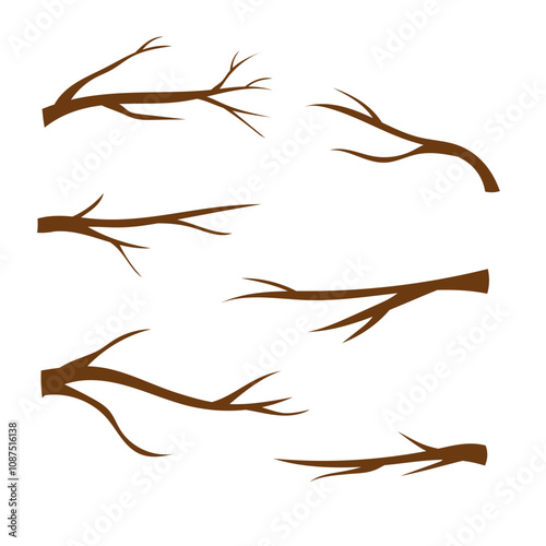 Set of cartoon tree branches, twigs without leaves. Spring, autumn backgrounds. Vector isolated on white