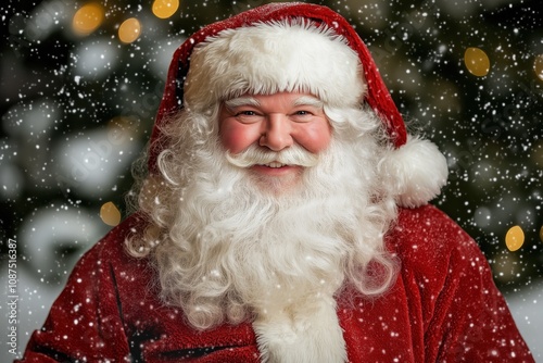 Retrato do Papai Noel em cenário natalino, com trajes tradicionais e decoração festiva, criado por IA generativa.