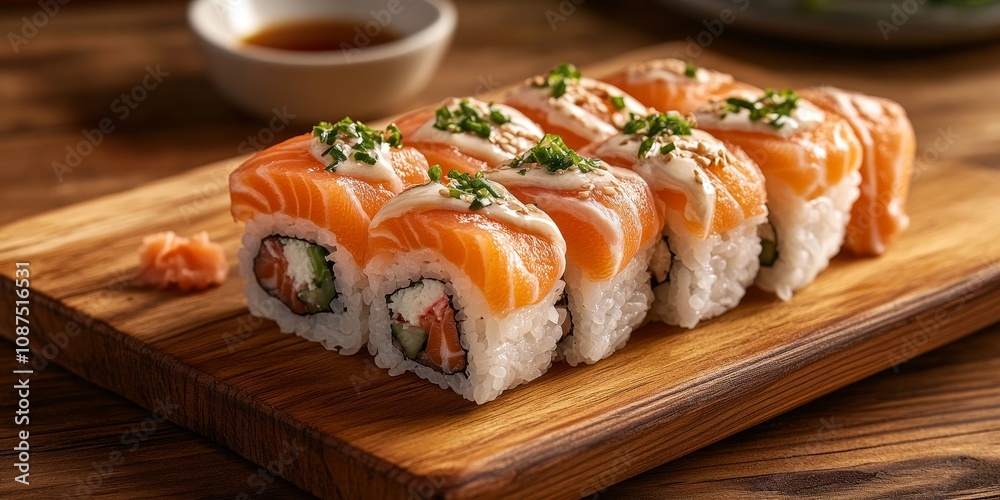 Delicious salmon sushi served with rice on a rustic wood background, showcasing the vibrant colors and textures of salmon sushi. Enjoy the artistry of salmon sushi presentation on wood.