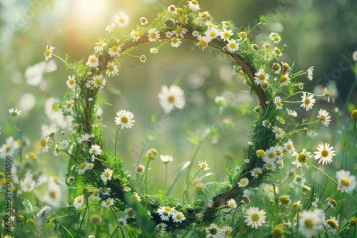 Summer Wreath. Beautiful Rustic Wildflowers Wreath on Sunny Meadow photo