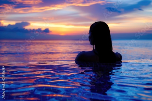 Sunset Pool. Luxury Resort Caribbean Vacation Retreat with Woman Swimming in Infinity Pool at Dusk photo