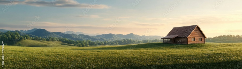 Fototapeta premium A serene landscape featuring a quaint wooden house surrounded by lush green fields and distant mountains under a soft sky.