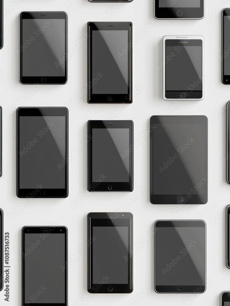A collection of smartphones and tablets arranged on a surface. A collection of smartphones and tablets arranged on a surface.
