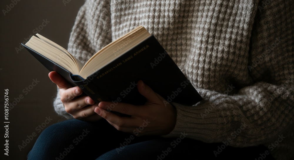 Cozy moment with good book in warm sweater Cozy moment with good book in warm sweater
