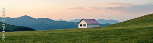 A serene landscape featuring a solitary white house on a green hill, with distant mountains and a soft pastel sky at dusk.