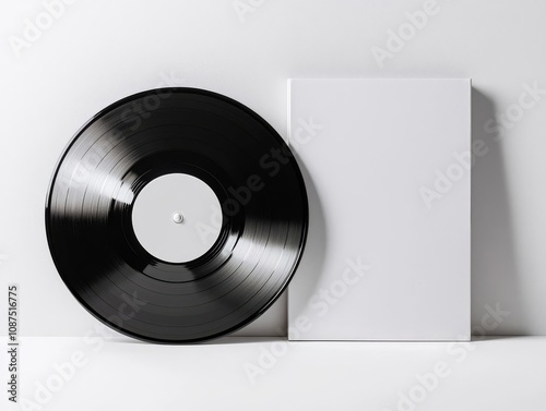 Blank vinyl record with reflective light patterns beside a pristine white album cover, evoking modernity and sleek design