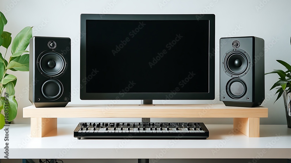 Home music studio setup with monitor, speakers, and keyboard on a wooden stand.