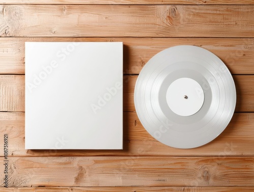 Overhead view of blank vinyl record with a white album cover placed on rustic wooden table, highlighting a classic, timeless vibe