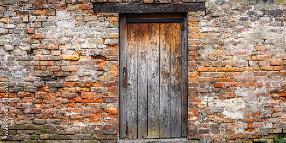 Rustic old wooden door set against a textured brick wall, highlighting the charm and character of the old wooden door featured prominently in this unique architectural detail. Rustic old wooden door set against a textured brick wall, highlighting the charm and character of the old wooden door featured prominently in this unique architectural detail.