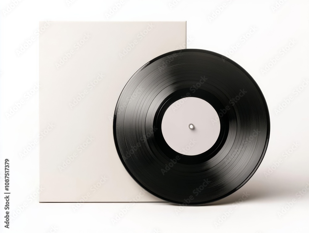 Obraz premium Vinyl record with no labels standing upright against a blank white album cover, minimalistic and ready for branding