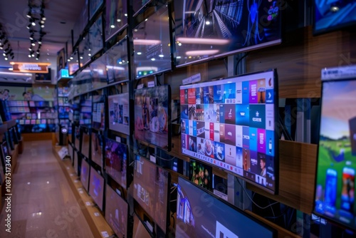 Modern flatscreen TVs for sale in electronic store