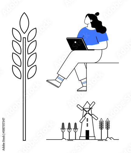 Woman sitting with laptop, stylized wheat stalk, windmill, and field illustration. Ideal for agriculture, technology, rural life, farming, remote work, sustainability, digital transformation Line