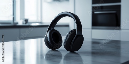 Close up view of wireless headphones resting on a kitchen countertop, showcasing the sleek design and functionality of wireless headphones in a modern kitchen setting. photo