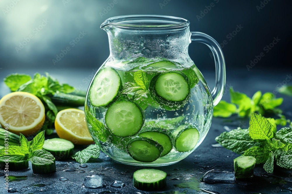 Refreshing glass pitcher filled with infused water featuring lemon, cucumber, and mint Refreshing glass pitcher filled with infused water featuring lemon, cucumber, and mint