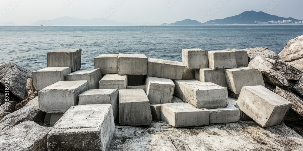 Concrete blocks by the seaside on Geoje Island, showcasing the unique coastal landscape. The concrete blocks create an interesting contrast against the serene seaside environment. Concrete blocks by the seaside on Geoje Island, showcasing the unique coastal landscape. The concrete blocks create an interesting contrast against the serene seaside environment.