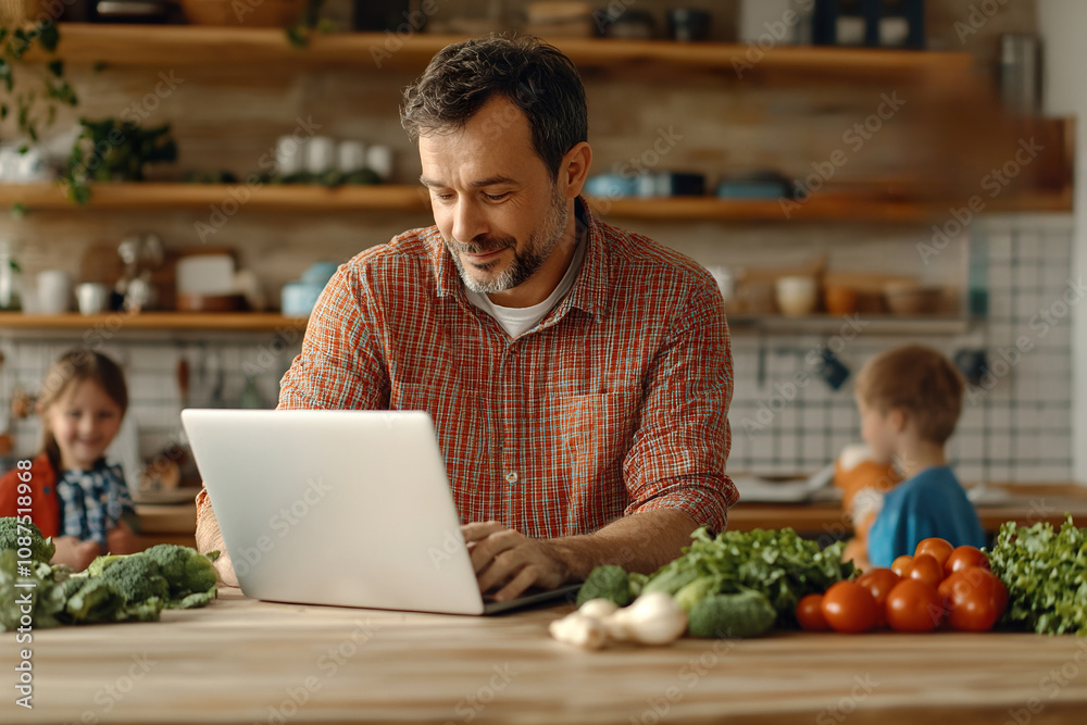 a dad working in his kitchen while cooking a meal, his children playing in the background. a dad working in his kitchen while cooking a meal, his children playing in the background.