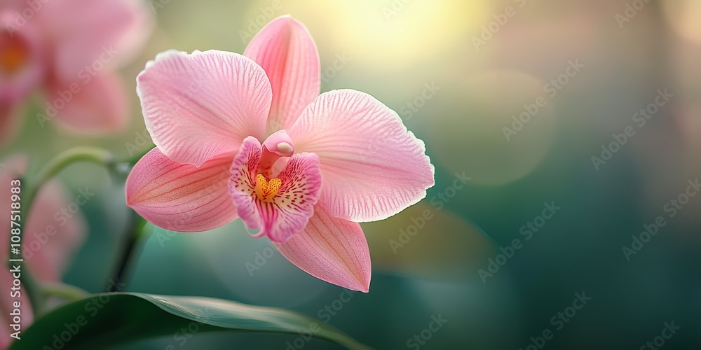 Close up macro shot of a pink orchid featuring delicate petals, beautifully isolated against a soft, blurred green background, showcasing the stunning details of the pink orchid flower. Close up macro shot of a pink orchid featuring delicate petals, beautifully isolated against a soft, blurred green background, showcasing the stunning details of the pink orchid flower.