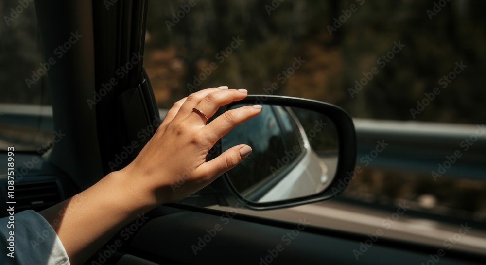 Reflection of open road in car's side mirror with hand gesture Reflection of open road in car's side mirror with hand gesture