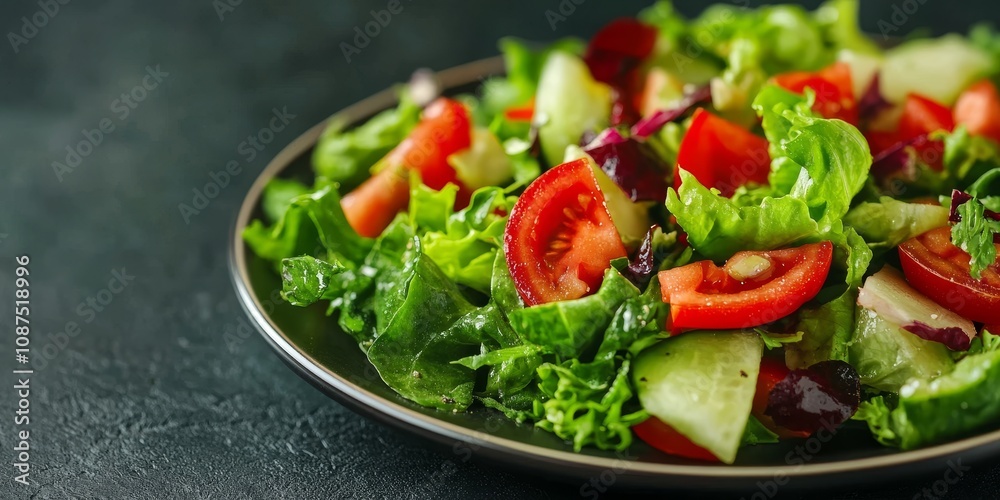 Fresh salad with vegetables makes for a healthy breakfast option. This vibrant salad with vegetables is beautifully presented on a plate against a dark background, showcasing its nutritious appeal. Fresh salad with vegetables makes for a healthy breakfast option. This vibrant salad with vegetables is beautifully presented on a plate against a dark background, showcasing its nutritious appeal.