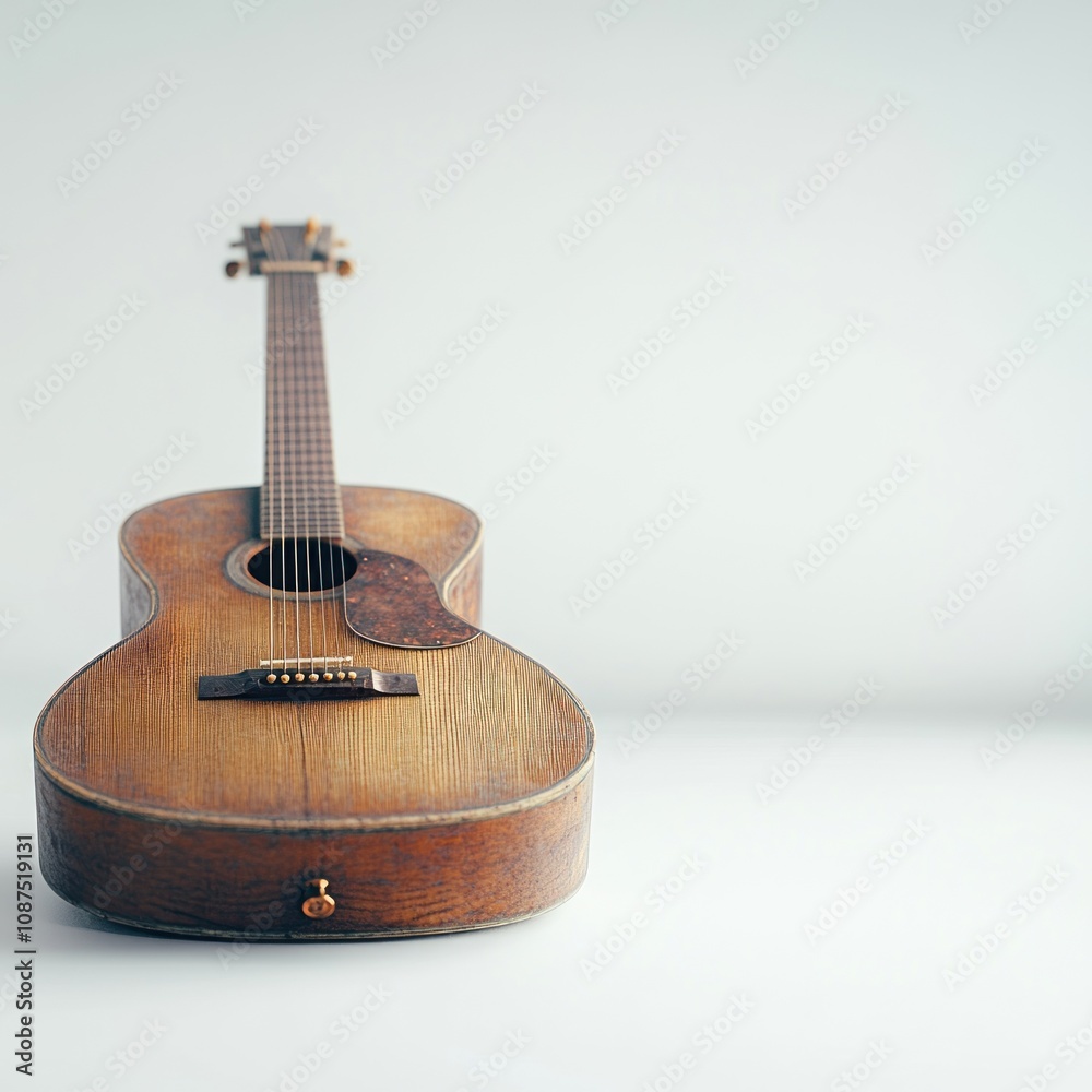 Fototapeta premium A close-up of a vintage acoustic guitar on a minimalist background.