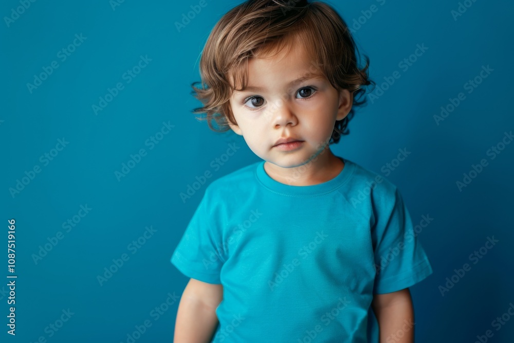 Centered portrait view of a cute male child wearing blank white t shirt against blue background