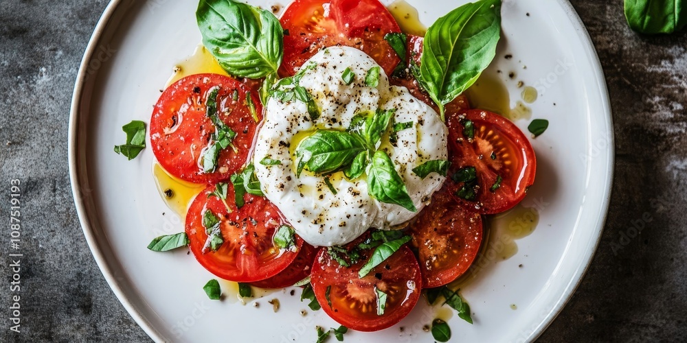 Delicious burrata salad featuring fresh tomatoes and aromatic basil served on a white plate, beautifully captured from a top view. This vibrant burrata salad is perfect for showcasing.