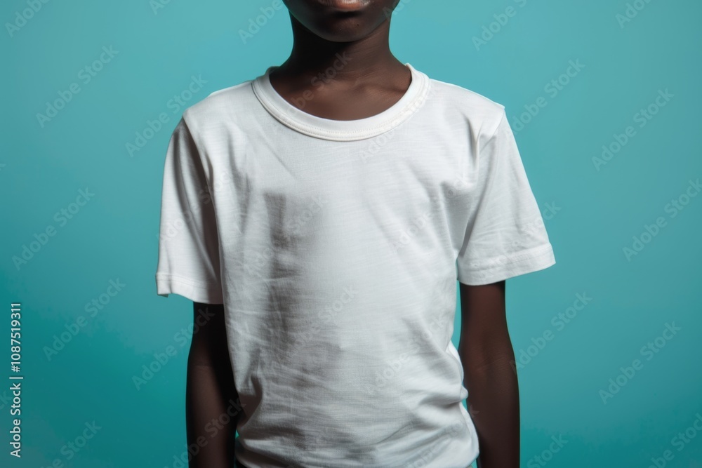 Centered portrait view of a cute male child wearing blank white t shirt against blue background Centered portrait view of a cute male child wearing blank white t shirt against blue background