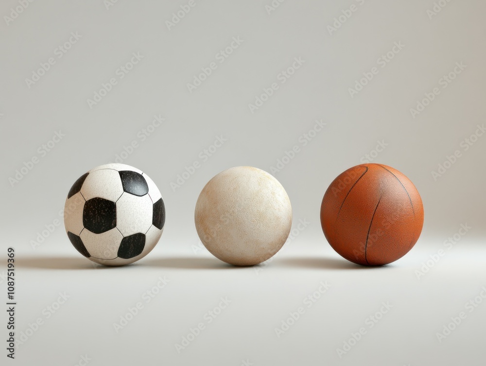 Three sports balls arranged a soccer ball, a plain ball, and a basketball. Three sports balls arranged a soccer ball, a plain ball, and a basketball.