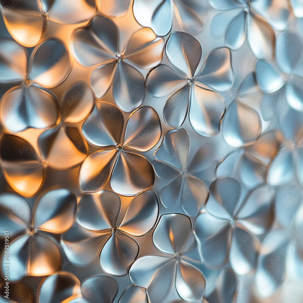 A detailed image of a textured surface covered in embossed metallic flowers A detailed image of a textured surface covered in embossed metallic flowers
