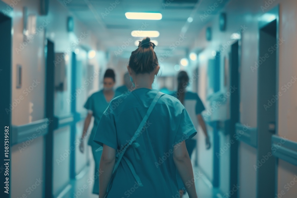 Blurred background of a doctor and nurses in hospital interior Blurred background of a doctor and nurses in hospital interior