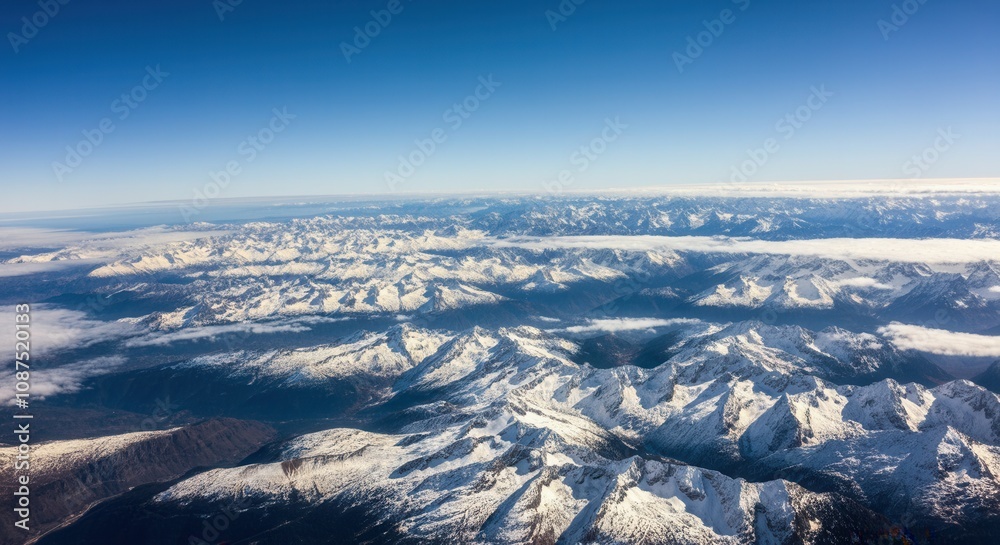 Majestic aerial view of -covered mountain peaks Majestic aerial view of -covered mountain peaks